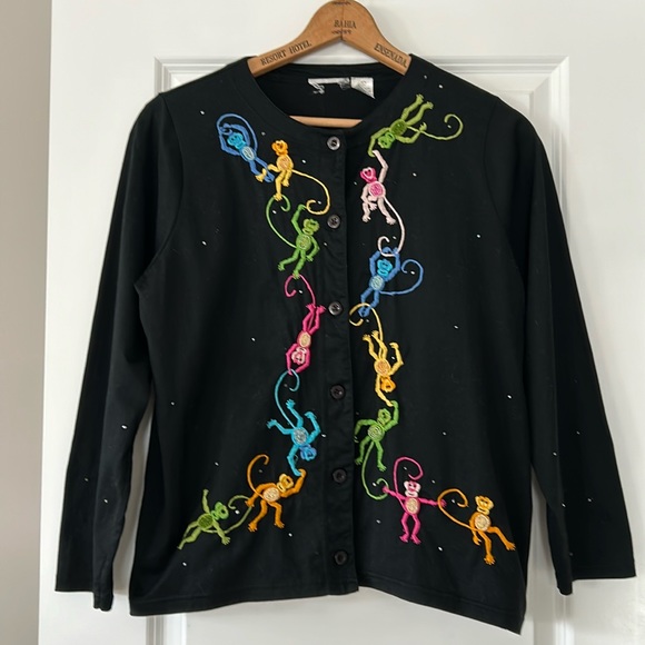 Michael Simon Sweaters - Michael Simon Lite Button-Front Cotton Cardigan w Beaded & Embroidered Monkeys